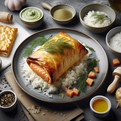 Image of Salmon and Rice Wrapped in Pastry with Dill Sauce
