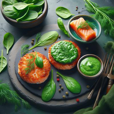 Image of Salmon Fish Cakes with Dill and Spinach Sauce