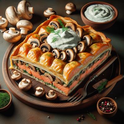 Image of Salmon Mushroom Coulibiac with Sour Cream Dill Sauce