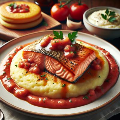 Image of Salmon Over Gritcakes with Tomato Alfredo