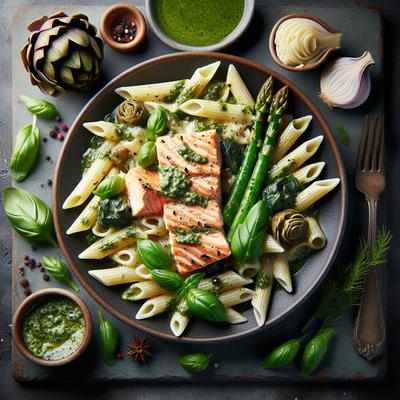 Image of Salmon Penne with Basil Pesto Cream Sauce Artichokes and Asparagus
