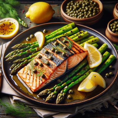 Image of Salmon W Roasted Asparagus Lemon Caper Sauce