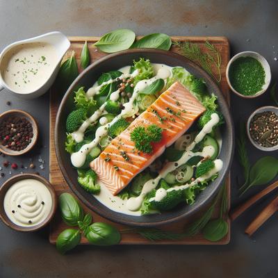 Image of Salmon with a Creamy Sauce on a Bed of Greens