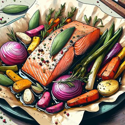 Image of Salmon with Sage Butter Root Vegetables in Parchment