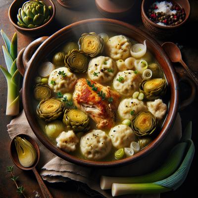 Image of Sarasota's Chicken and Dumplings with Artichokes Leeks