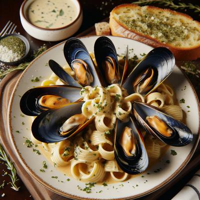 Image of Sarasota's Creamy Mussels Over Pasta with Herb Bread