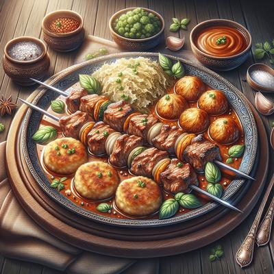 Image of Saucy Skewered Meat with Cabbage Patties