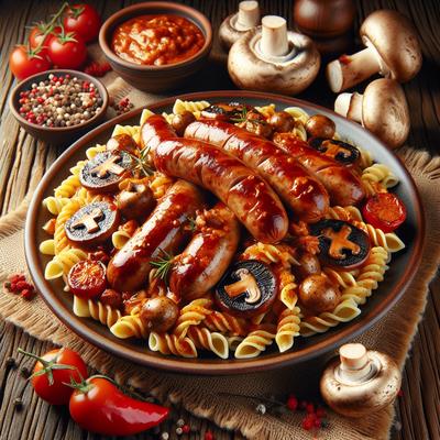 Image of Sausage and Mushrooms with Pasta in Spicy Sauce