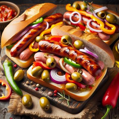 Image of Sausage Sandwiches with Peppers Onion and Olives