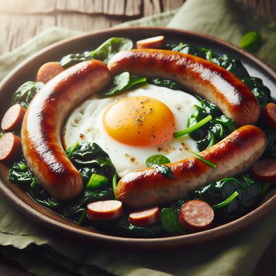 Image of Sausage with Spinach and Fried Egg Wurstschusserl Mit Spinat U