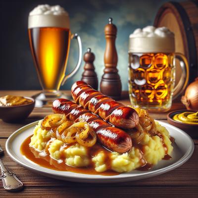 Image of Sausages with Mashed Potatoes Beer and Onion Gravy and Mustard
