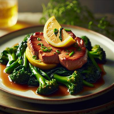 Image of Sauteed Veal with Lemon on a Bed of Broccoli Rabe