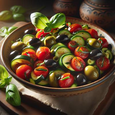 Image of Sauteed Zucchini Cherry Tomatoes Olives and Basil