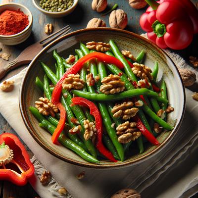 Image of Savory Braised Green Beans with Red Bell Pepper and Walnuts