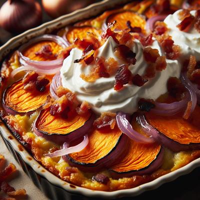 Image of Savory Sweet Potato Gratins with Creme Fraiche Onions and Baco