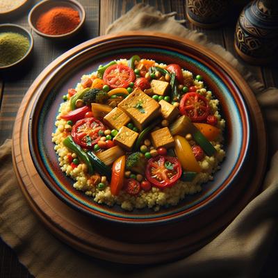 Image of Savory Tofu and Vegetables Over Tomato Couscous