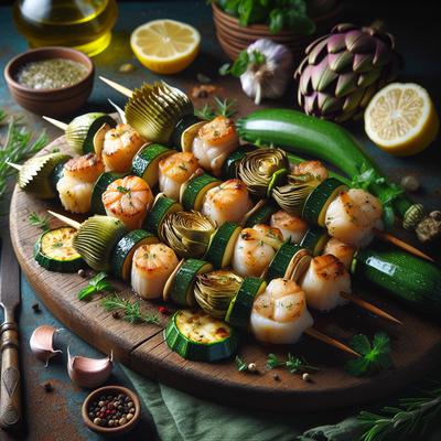 Image of Scallop Zucchini Artichoke Skewers