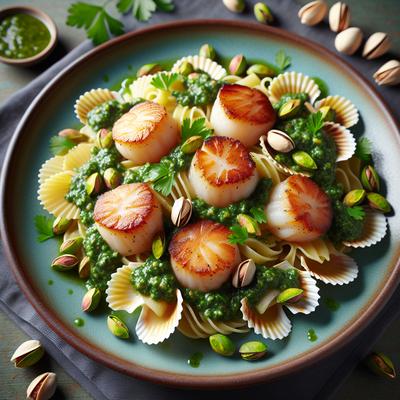 Image of Scallops and Pasta with Pistachio Parsley Pesto