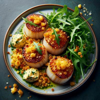 Image of Scallops with Crumb Topping Herb Butter and Arugula