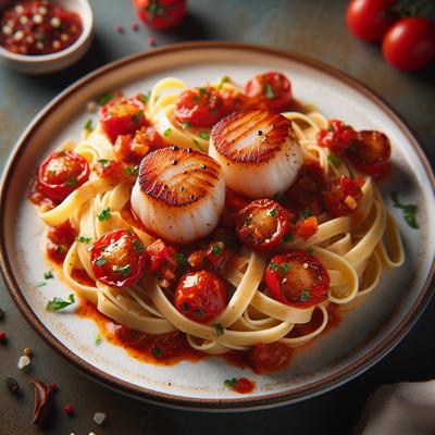 Image of Scallops with Spicy Tomatoes and Fettuccine