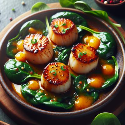 Image of Scallops with Spinach and Spicy Orange Juice Sauce