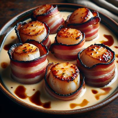Image of Scallops Wrapped in Bacon in a Maple Cream Sauce