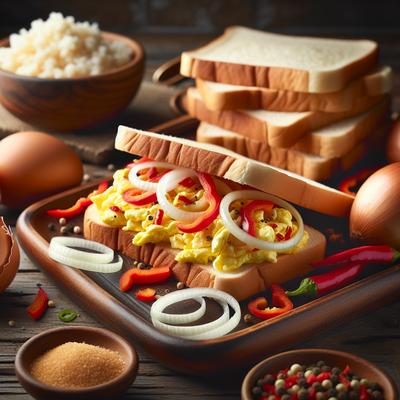 Image of Scrambled Egg Sandwiches with Onions and Red Peppers
