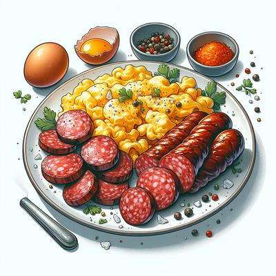 Image of Scrambled Eggs and Fried Beef Salami