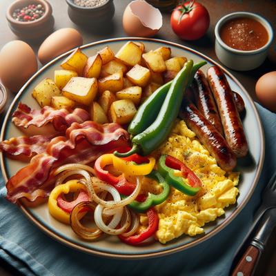 Image of Scrambled Eggs Bacon Potatoes Peppers and Onions and Sausage