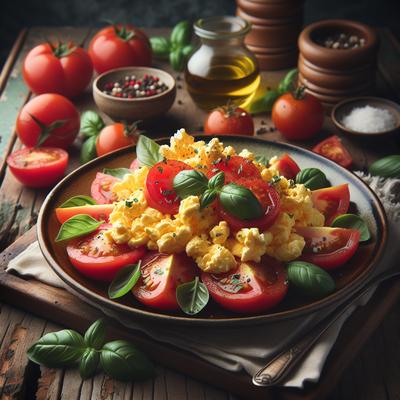 Image of Scrambled Eggs Over Fresh Sliced Tomatoes and Basil