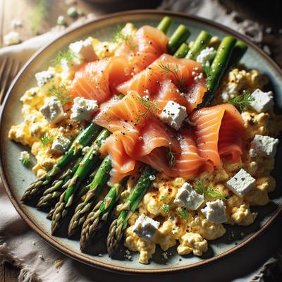 Image of Scrambled Eggs with Smoked Salmon Asparagus and Feta Cheese