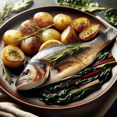Image of Sea Bass on a Bed of Swiss Chard and Browned Rosemary Potatoes