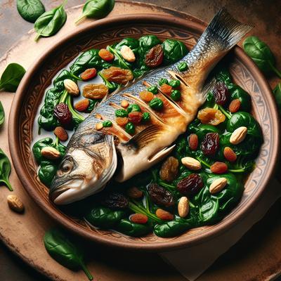Image of Sea Bass on Spinach with Raisins and Pine Nuts