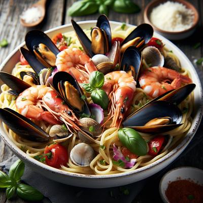 Image of Seafood Mix Over Angel Hair Pasta