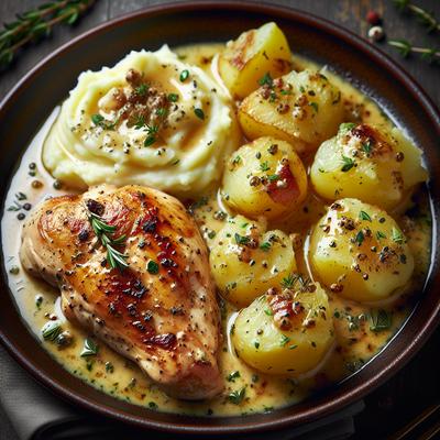 Image of Seared Chicken with Smashed Potatoes Herbed Pan Sauce