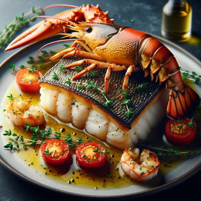 Image of Seared Chilean Sea Bass and Lobster with Thyme Scented Tomato