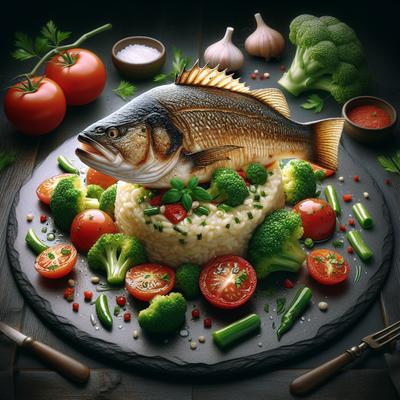 Image of Seared Chilean Sea Bass with Shallot Tomato Broccoli Risotto