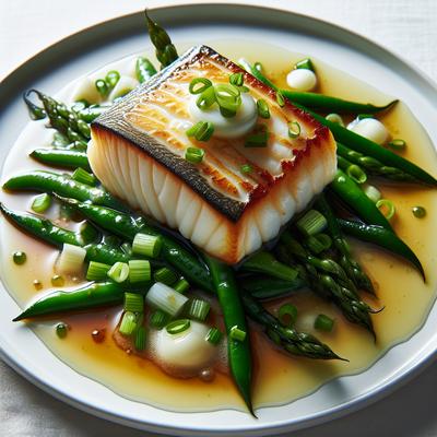 Image of Seared Halibut W Haricots Vert Scallions and White Wine Sauce