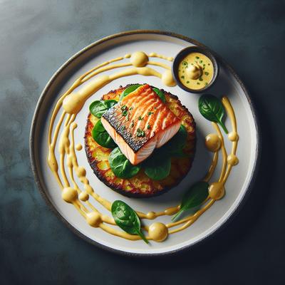 Image of Seared Salmon on Potato Cake Wilted Spinach W Dijon Sauce