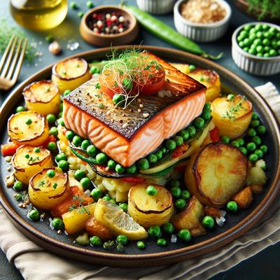 Image of Seared Salmon with Crispy Potatoes Peas Summer Vegetable Gratin
