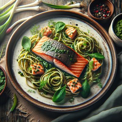 Image of Seared Salmon with Linguine and Ramp Pesto