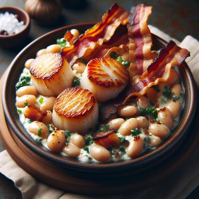 Image of Seared Scallops with White Beans and Bacon