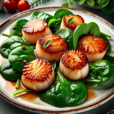 Image of Seared Sea Scallops Over Baby Spinach