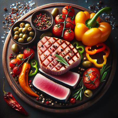 Image of Seared Tuna with Olives Capers Peppers and Tomato