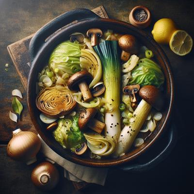 Image of Sensational Simmered Leek Cabbage Mushroom Trio