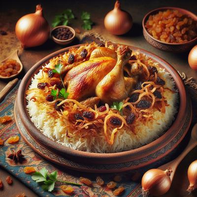 Image of Serresh Pollo Persian Chicken and Rice with Fried Onions Raisi