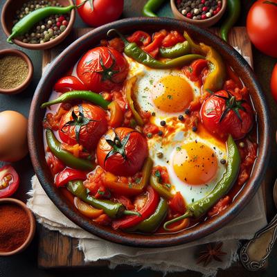 Image of Shakshouka Eggs in Tomato and Pepper Sauce