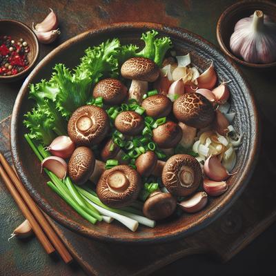 Image of Shiitake Mushrooms with Garlic and Shallots on Greens