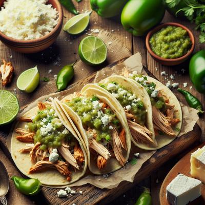 Image of Shredded Chicken and Tomatillo Tacos with Queso Fresco