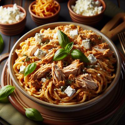 Image of Shredded Chicken Pasta with Fried Basil and Feta